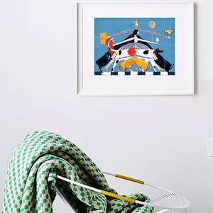 May include: A colorful illustration of a woman with four dogs. The woman is wearing a striped dress and a hat. The dogs are all different breeds and colors. The illustration is set against a blue background with a white checkered floor.