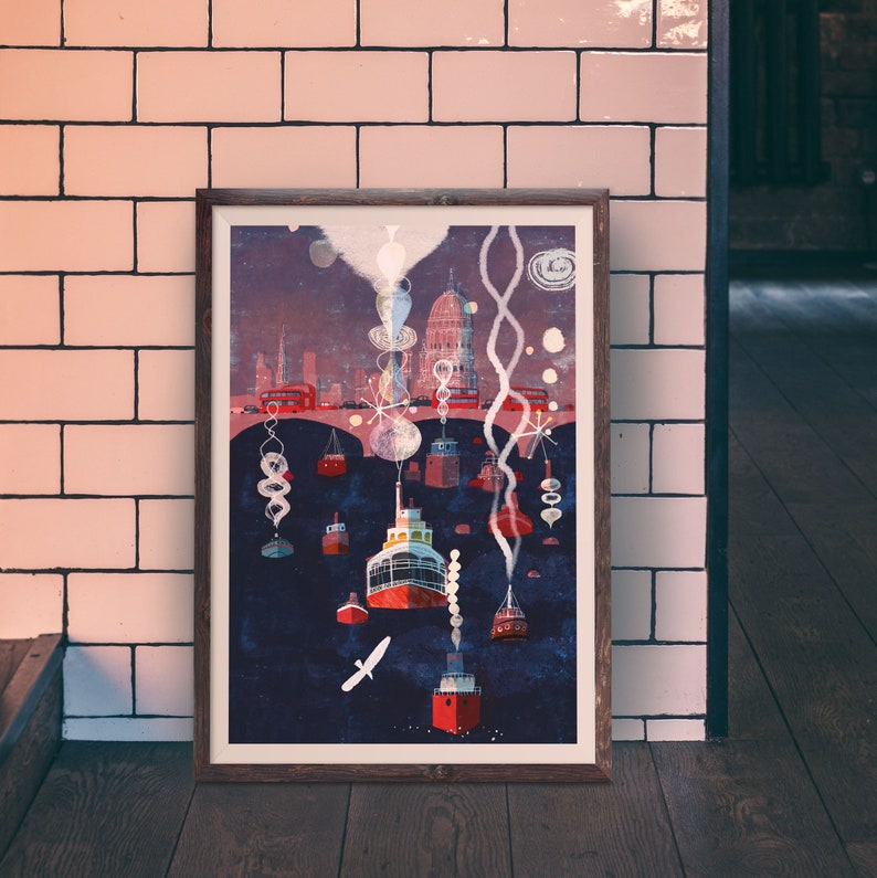 London Poster, Abstract Wall Art, Red Poster, England Illustration, Navy Art, Giclee print, Travel image 3