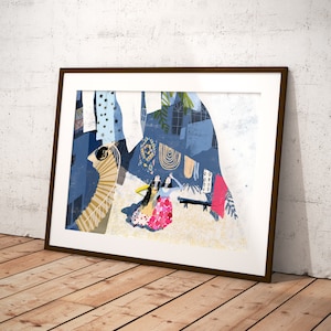 May include: A colorful abstract painting featuring two figures in blue, pink, and yellow dresses dancing in front of a blue and white building with a staircase. The background is a mix of blue, white, and gold.