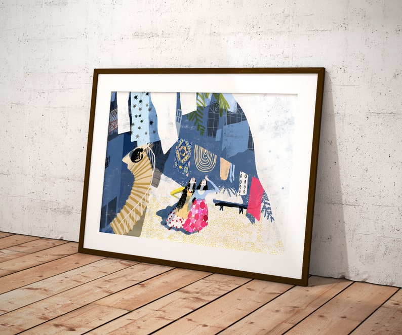 May include: A colorful abstract painting featuring two figures in blue, pink, and yellow dresses dancing in front of a blue and white building with a staircase. The background is a mix of blue, white, and gold.