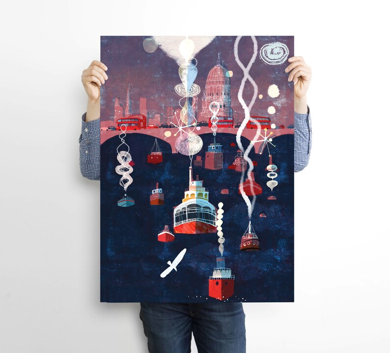 London Poster, Abstract Wall Art, Red Poster, England Illustration, Navy Art, Giclee print, Travel image 7