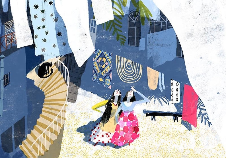 May include: Two women in colorful dresses stand in a room with a white ceiling and blue walls. The women are looking up at something off-camera. There is a staircase in the background with a black cat sitting on a step.