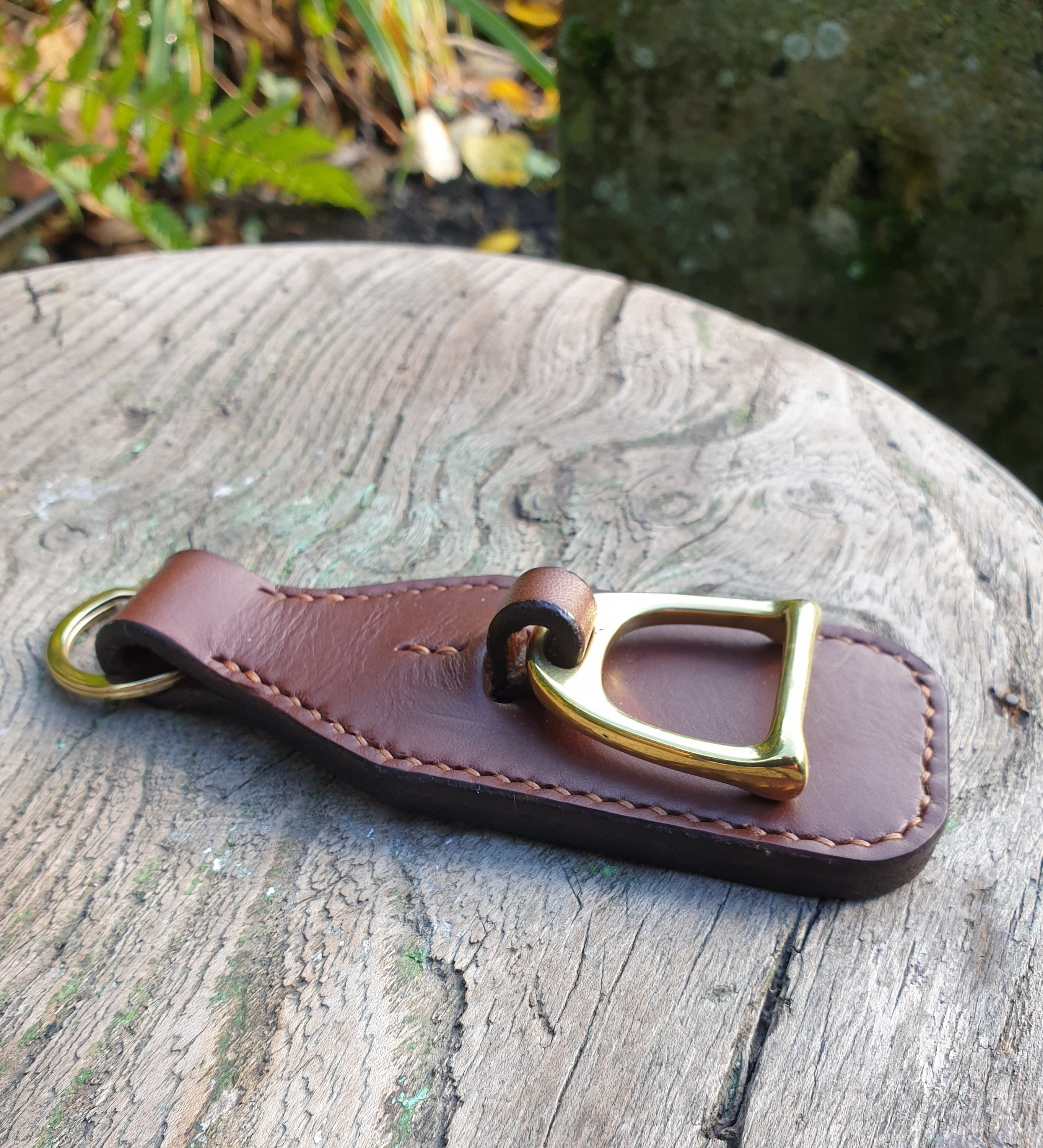 Engraved Leather Key Fob, Stitched, Brass Hardware