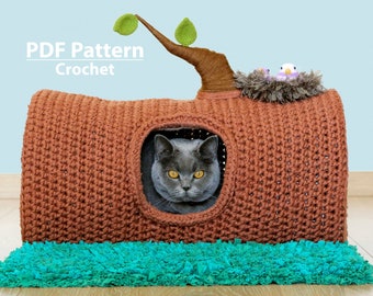 Crochet Cat Bed Pattern: Tree Trunk Kitty House (PDF Pattern)