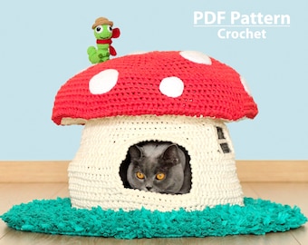 Crochet Mushroom Cat House Pattern: T-Shirt Yarn Pet Bed (Digital Download PDF)