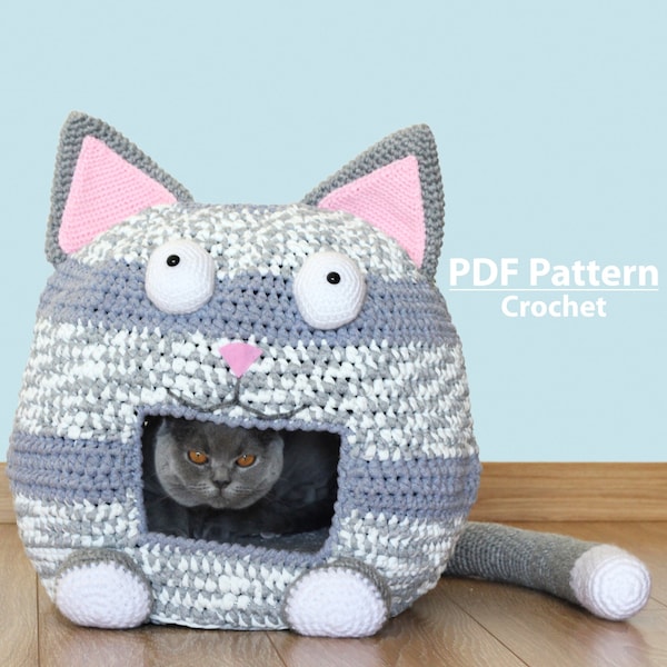 PATTERN: Crochet cat bed pattern • Kitty crochet cave •  T-shirt yarn cat house • Digital download PDF