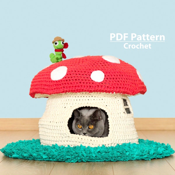 PATTERN: Crochet cat house • Mushroom pet bed • Crochet cat cave • T-shirt yarn project • Crochet Pattern • Digital Download PDF