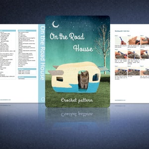 May include: Crochet pattern for a vintage camper van shaped cat house. The pattern includes instructions for crocheting the house, as well as a photo of a gray cat sitting inside the finished house.