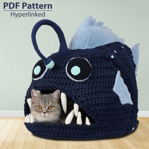 Pattern: T-shirt yarn crochet cat bed •  Angler fish cat house • Crochet pattern • Digital download