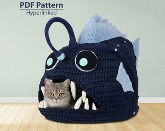 Pattern: T-shirt yarn crochet cat bed •  Angler fish cat house • Crochet pattern • Digital download