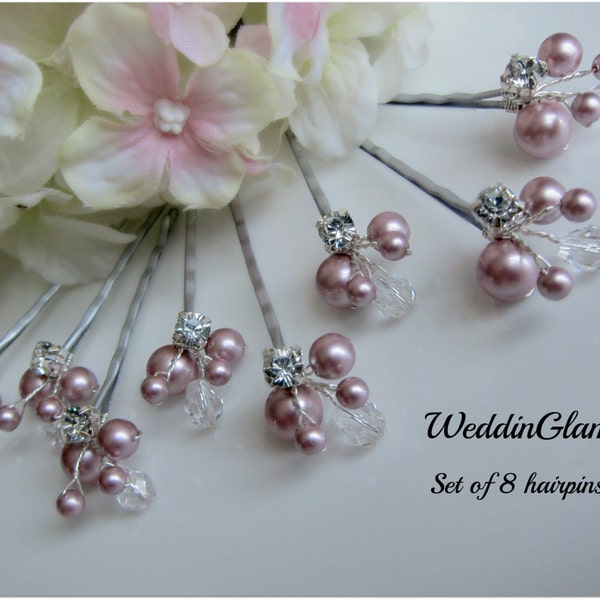 Ivory rose pink Pearl Clip, Bridal Hair Pins Wedding Hair Accessories, Swarovski Pearl Wedding Hair Set of 8 Hair Pins, Floral Vine Hair Pin