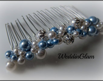 Classic Bridal Comb with Something Blue/ Rhinestone Comb/ Silver Comb/ Pearls & Rhinestone balls / Wedding hair Comb/ Bridal Hair Comb
