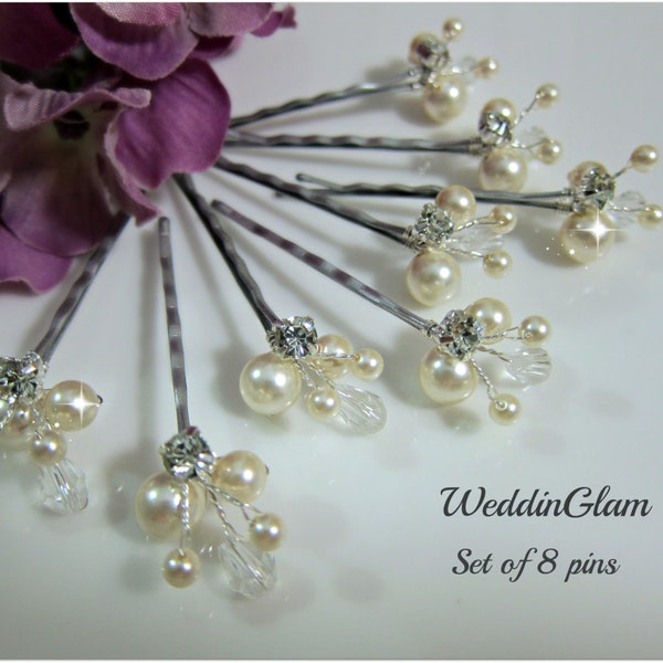 White Ivory Pearl Clip, Bridal Hair Pins, Wedding Hair Accessories, Swarovski Pearl Wedding Hair Set of 8 Hair Pins, Floral Vine Hair Pin