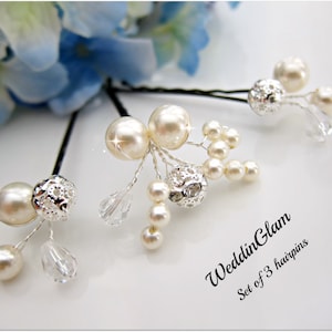 Pearl Hair Clips, Bridal Hair Pins, Wedding Hair Accessories, Swarovski Pearl Wedding Hair Pins, Set of 3, Floral Vine, Rhinestone hair clip