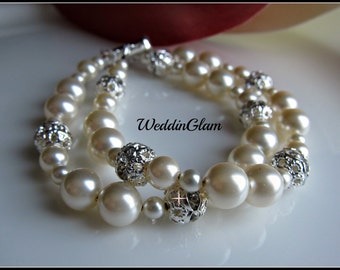 Bracelet de mariée mariage perle ivoire strass, bracelet de mariage double rang, bijoux de mariée perles Swarovski, perle ivoire ou perle blanche