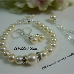 Child pearl bracelet, Flower Girl Jewelry Set, Ivory Pearl Bracelet, Necklace bracelet and Earrings Set, Wedding jewelry gift set,