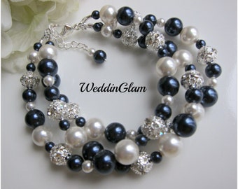 Triple layer Swarovski pearl bracelet multi layer cuff bracelet Ivory navy dark blue combination Mother of bride and groom statement jewelry