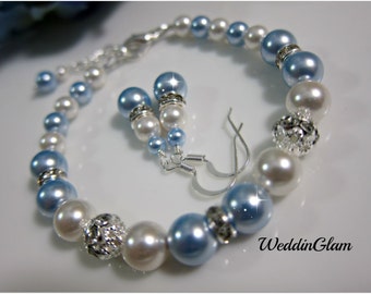 Weddings, Jewelry, Bridesmaid Blue Jewelry Set. Swarovski Pearl Set, Pearl Wedding Jewelry, Something Blue Bridesmaid set, Bridal Party Gift