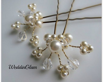 Bridal Hair Pins, Wedding Hair Accessories, Swarovski Pearls Gold Wiring, Bridesmaid Hairdo, Gold wedding, Ivory hairpins, Set of 2 hairpins