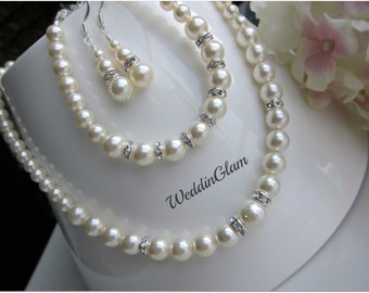 Bridal Pearl Necklace Set, Bridal Pearl Bracelet, White Pearl Necklace set, Necklace and Earrring Set, Pearl Earrings, Fall wedding jewelry