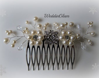 Pearl and Rhinestone Bridal Hair Comb, Fall Wedding Hair Comb, Vintage Style Bridal Wedding Hair Accessories, White, Ivory