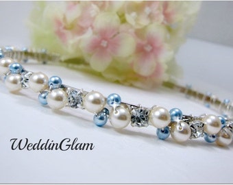 Hochzeit Halo, Hochzeit Stirnband, Braut Halo, Braut Elfenbein blaue Perle Stirnband, Braut Kopfschmuck, etwas Blau Braut Stirnband