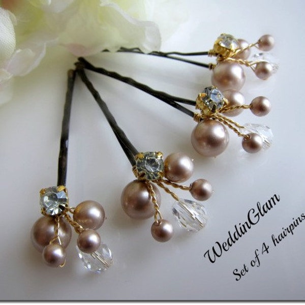 Champagne Pearl Gold Clip, Bridal Hair Pins, Wedding Hair Accessories, Pearl Wedding Hair Pins.  Set of 4 Hair Pin, Floral Vine Hair Pins