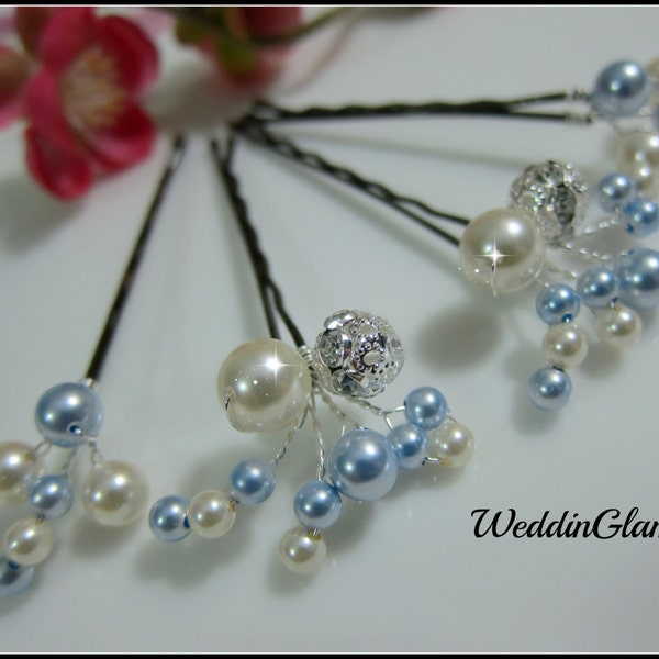 Something Blue Hair Pin Bridesmaid Hair Accessories Swarovski Pearls Crystals Hair Clip Ivory Pink White Bridal Pearl Bobby Pin Set of 4