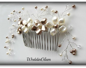 Bridal Ivory comb. Brown champagne hair comb. Swarovski pearls Crytals. Flower in vines comb. Silver comb. Fall wedding hair fascinator
