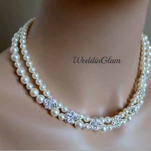 Bridal Necklace. Two Strands Pearl Necklace. Multi Layers Necklace. Swarovski Ivory Pearls. Silver rhinestone flower. Wedding Jewelry.