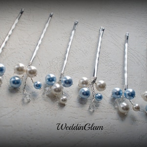 Bridal Hair Pins Something Blue Wedding Hair Accessories Swarovski Pearls Bridesmaid Gift Blue White pearls Flower girl hair accessories