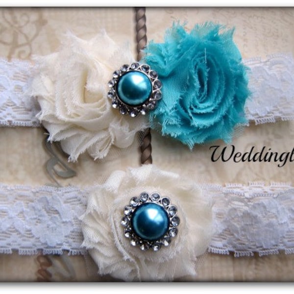 Wedding garter set, Turquoise Blue Vintage garter, toss garter, Bridal gift, Bridal accessories, Something blue, Ivory Garter, Garter Belt