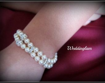 Wedding Jewelry Bridal Bracelet Bridesmaid Bracelet 2 strands of Crystal White Swarovski Pearls with rhinestone Spacers Bracelet