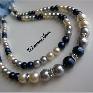 Bridal Multi layers Pearl Necklace Wedding Jewelry Swarovski Silver Grey Ivory Navy Blue Bridesmaid gift Bridal party two layer necklace