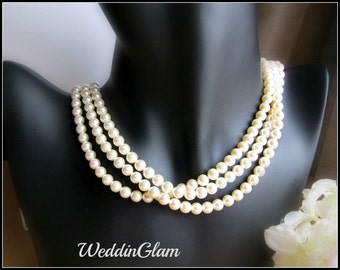 Handmade Triple Strand Twisted Pearl Necklace, Wedding Party Jewelry, Cream ivory white Layered Pearls, Bridal Statement Pearl necklace,