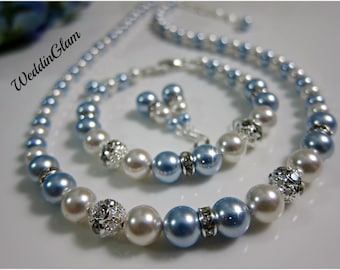 Wedding Bridesmaid Wedding Jewelry Set, Beach Wedding, Powder Blue White Wedding, Bridesmaid Gift, Blue Pearl Necklace, Light Blue Jewelry