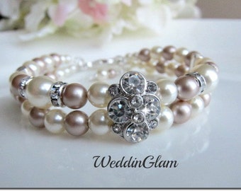 Bridal Pearl Bracelet Wedding Jewelry Wedding Cuff Bracelet Swarovski Pearls Bling Rhinestone White Ivory Cream Champagne Pearls Classic