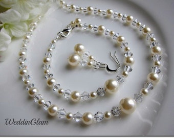 Wedding Jewelry Set, Swarovski Pearl Bridal Jewelry Set, Pearl Necklace Bridal bracelet Jewellery set Bridal Ivory set Bride white pearl set