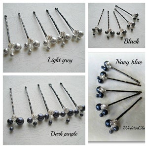 May include: Six silver hair clips with pearl and rhinestone accents in four different colors: light grey, black, navy blue, and dark purple.