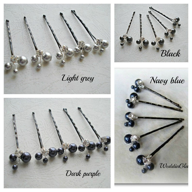 May include: Six silver hair clips with pearl and rhinestone accents in four different colors: light grey, black, navy blue, and dark purple.