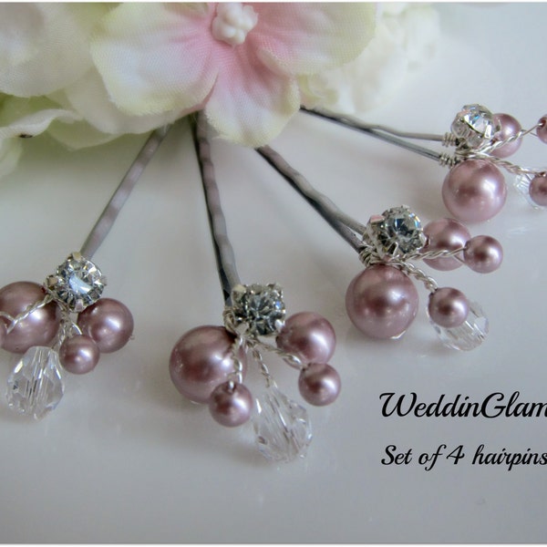 Ivory Pearl Clips, Bridal Hair Pins, Wedding Hair Accessories, Swarovski Pearl Wedding Hair Pins, Set of 4, Floral Vine, Pink hair clips.