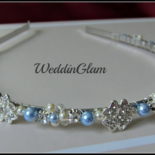 Something Blue, Bridal Tiara, Swarovski White Ivory blue pearls, Silver Flower hairband, Pearl cluster head piece