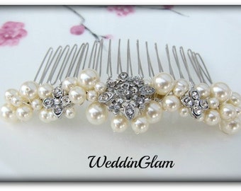 Pearl and Rhinestone Bridal Hair Comb, Fall Wedding Hair Comb, Vintage Style Bridal Wedding Hair Accessories, White, Ivory