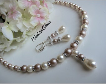 Pearl Bridal Necklace Wedding Bridesmaid jewelry Ivory Champagen Bridesmaid gift Bridal party. Classic mother of bride complete jewelry set