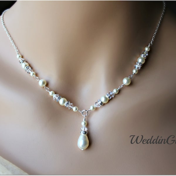 bridal jewelry pearl necklace rhinestone necklace Swarovski pearl and crystal Wedding Jewelry White Pearl Wedding Necklace V shape necklace