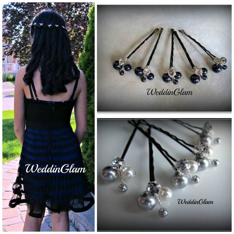 May include: Set of six black and silver hair pins with pearl and rhinestone accents. The pins are shown on a white background.  WeddinGlam.