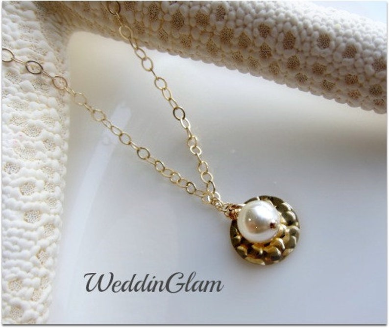 bridesmaid necklace monogram necklace personalized necklace coin necklace everyday necklace Gold hammered disc and pearl necklace