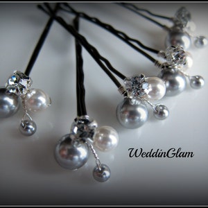 5 Pearl Hair Pins Wedding Hair Accessories Bridal Hair Pins Crystal Swarovski Pearls White Silver Grey Pearl Hair Clip Bridesmaid gift