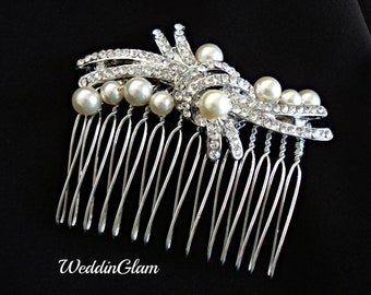 Bridal Rhinestone Hair Comb, Victorian Bridal Hair Comb, Pearl & Crystal Hair Comb, Head Piece, Ivory White Pearls, Silver comb