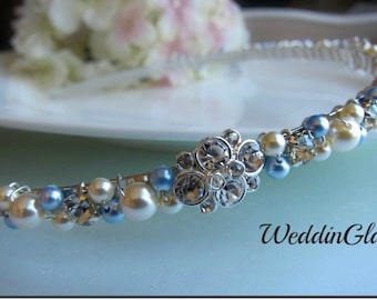 Bridal Headband, Something Blue Pearl and Rhinestone Bridal Headband, Crystal Wedding Headband, Wedding Bridal Hair Accessories Ivory Blue